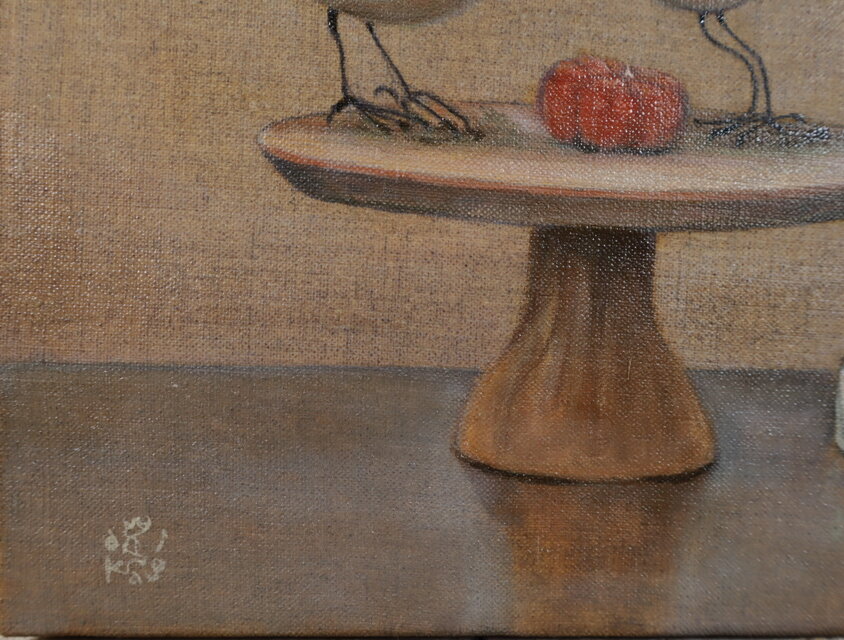 油絵「木彫りの鳥と枯れた実のある静物」 | iichi 日々の暮らしを