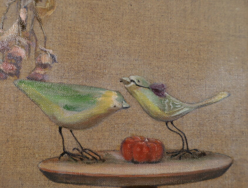 油絵「木彫りの鳥と枯れた実のある静物」 | iichi 日々の暮らしを