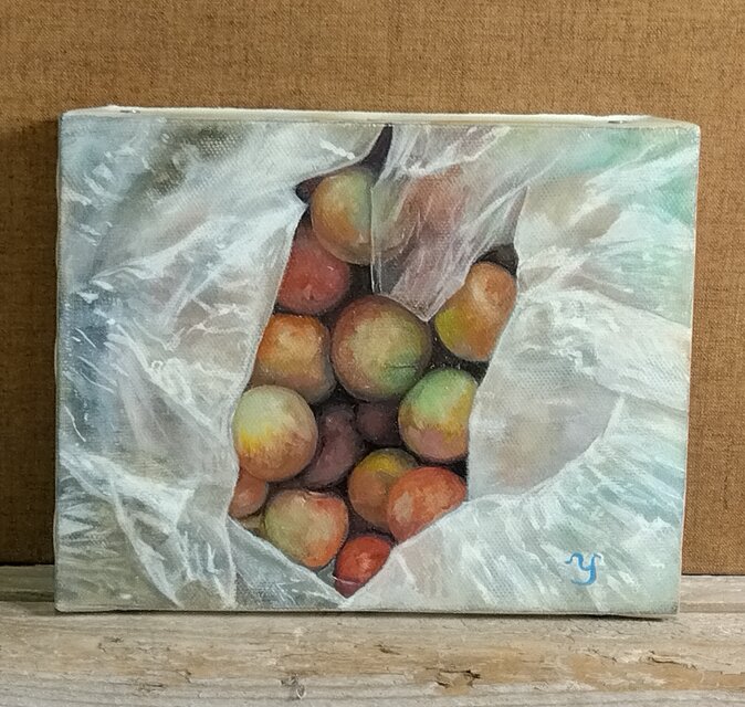 油絵「袋の中のプラム」