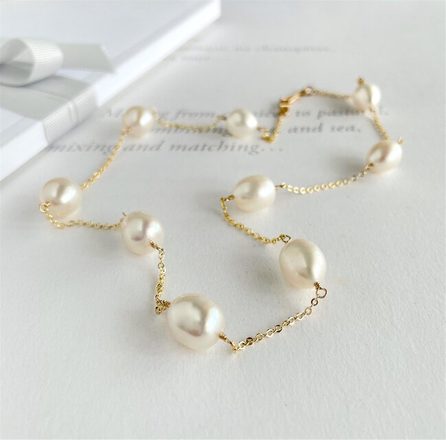 大粒淡水 ライス型パール ステーションネックレス 9.5x11mm (K14gf