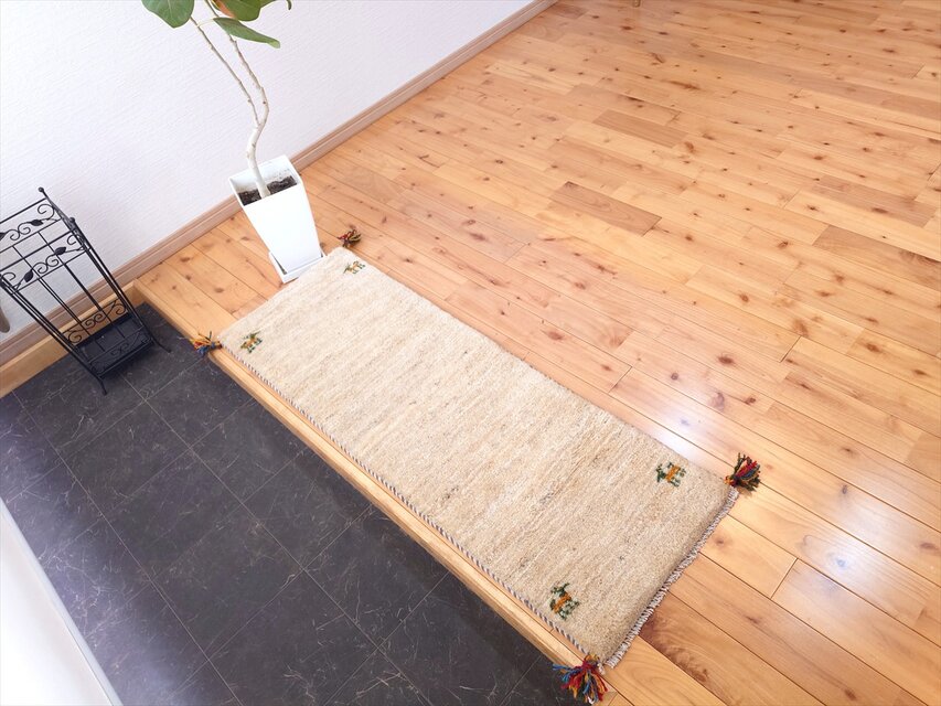 ペルシャ　ギャッベ　ミニランナー　細長いラグ　120x40㎝　アイボリー　グレー　RJ13890