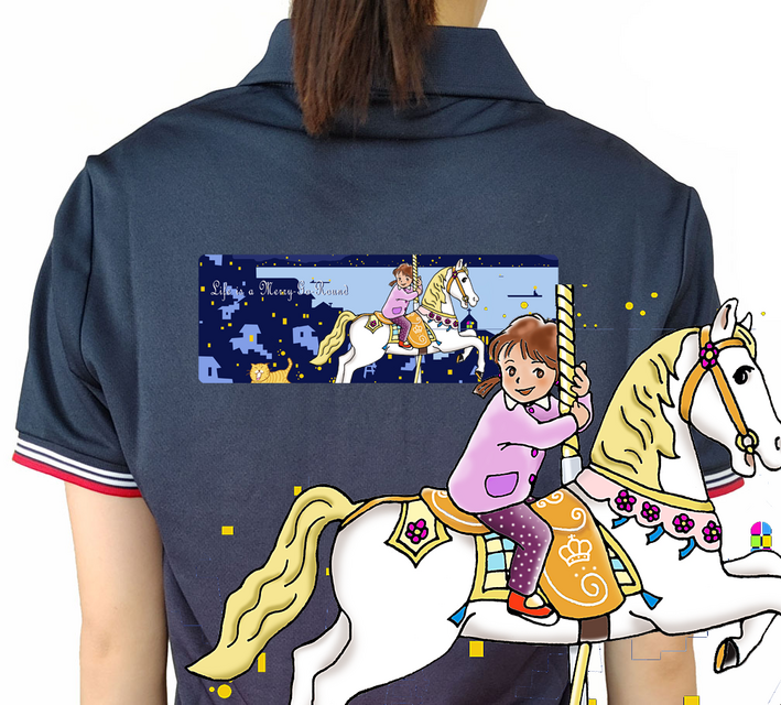 ポロシャツ 回転木馬と街の灯 イラスト 馬 horse 木馬 カルーセル メリーゴーランド ネイビー