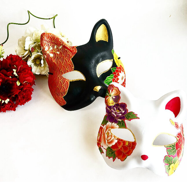 一閑張り（猫） 一閑張り猫面 “黒金花” | iichi 日々の暮らしを心地よくする