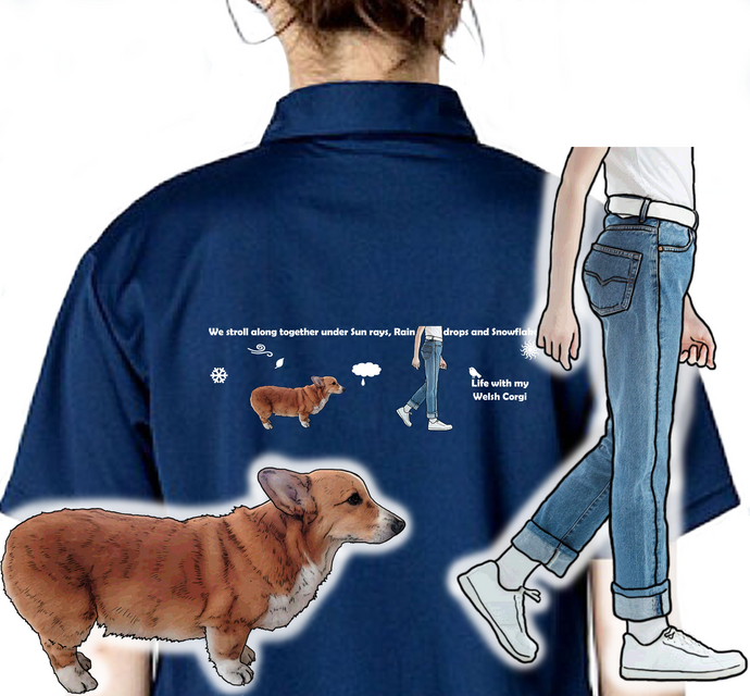 オーダーメイド/うちの子/名入れ/ウェリッシュコーギー/全犬種対応/ポロシャツ/オリジナル作成/犬/ワンコ/いぬ/ネイビー