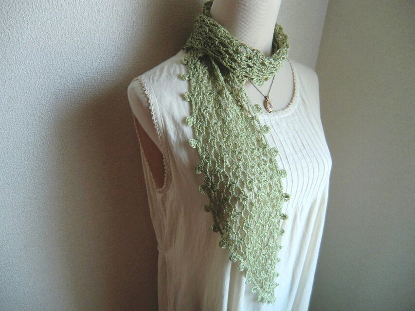 リネン　麻　丸いっぱいのストール（リーフグリーン）