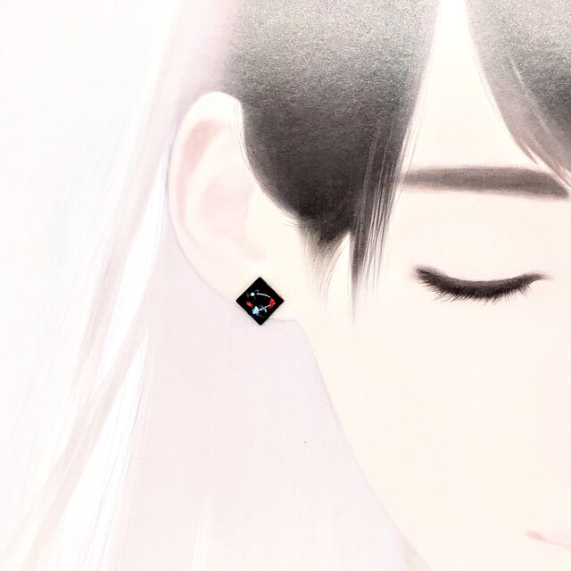 赤螺鈿と光る星と黒漆のスクエアピアスイヤリング【2167】