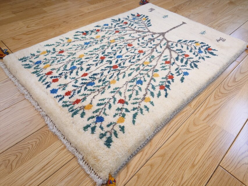 ペルシャ ギャッベ 玄関マット ラグ 88×62㎝ アイボリー 生命の