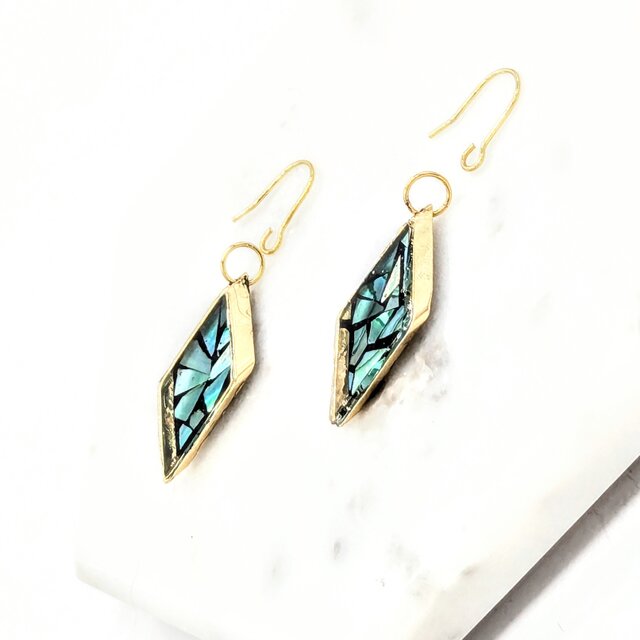 黒漆とグリーン螺鈿のダイヤのピアスイヤリング【2171】#ピアス#イヤリング