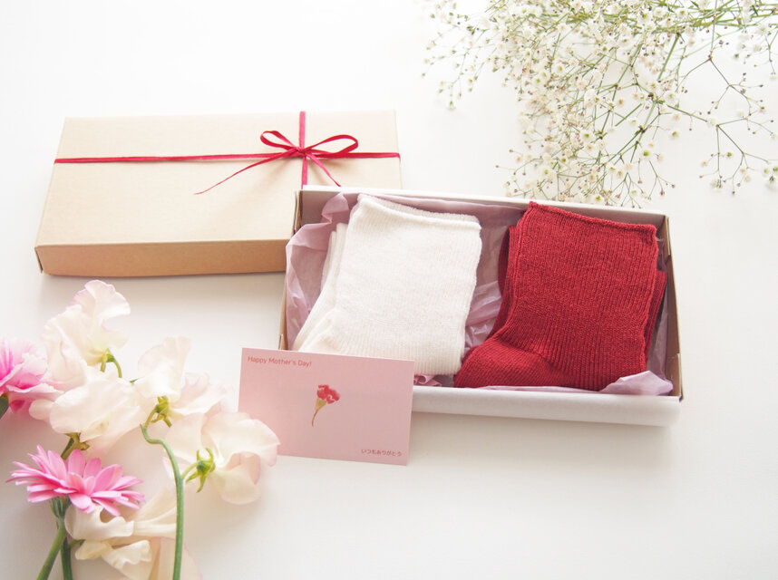 母の日セット　-綿とリネンのくつした-　2足セットBOX　（日本製）