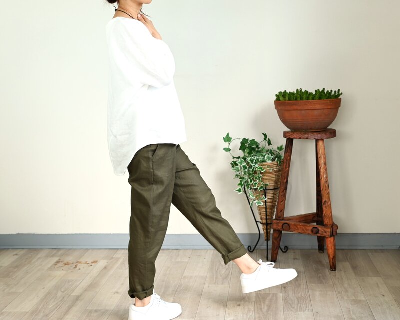 【新色】ベーシックデザイン リネンパンツ：オリーブ