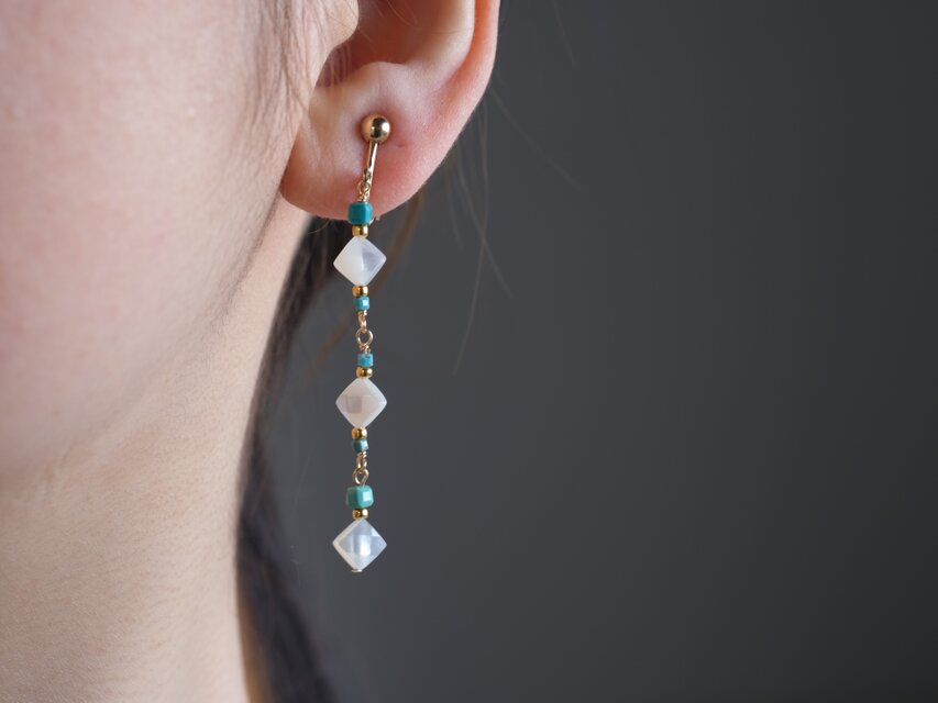 IX◆透かし彫りブラウンマザーオブパール×ターコイズピアス✧14kgf IX◇透かし彫りブラウンマザーオブパール×ターコイズピアス