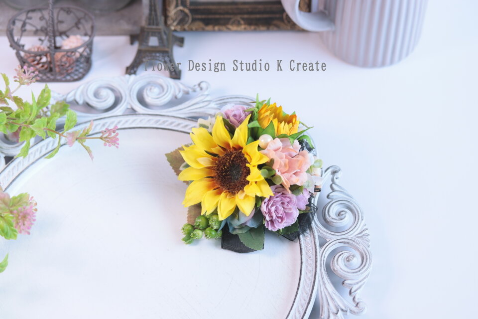 向日葵と薔薇のコサージュ　2Way　結婚式　発表会　イベント　ひまわり　向日葵　ヒマワリ　コサージュ　フォーマル　結婚式　