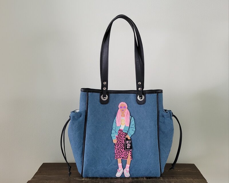 ジュート麻のキャンバス生地　アップリケのついたトートバッグ(ブルー)