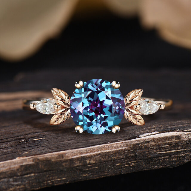 フローラル リーフ 婚約指輪 6月の誕生石 カラーチェンジ アレキサンドライト リング イエローゴールド ジュエリー