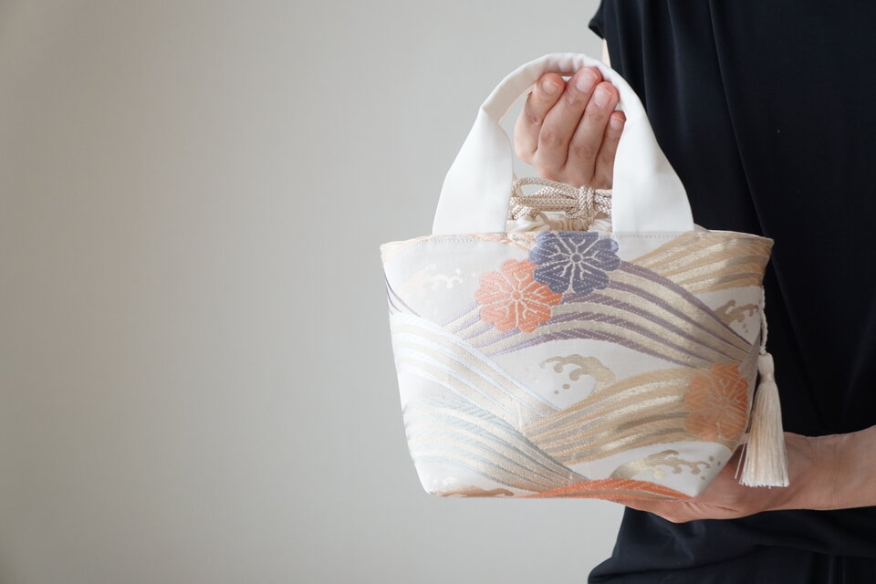 桜 荒波青海波模様 シルク帯リメイクトートバッグ&ショルダーバッグ