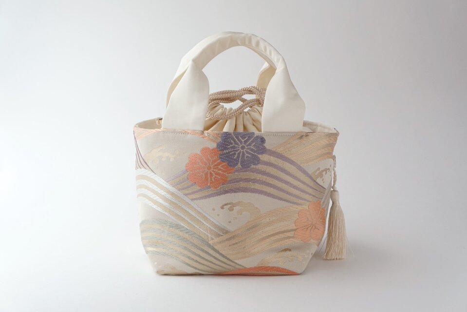 桜 荒波青海波模様 シルク帯リメイクトートバッグ&ショルダーバッグ
