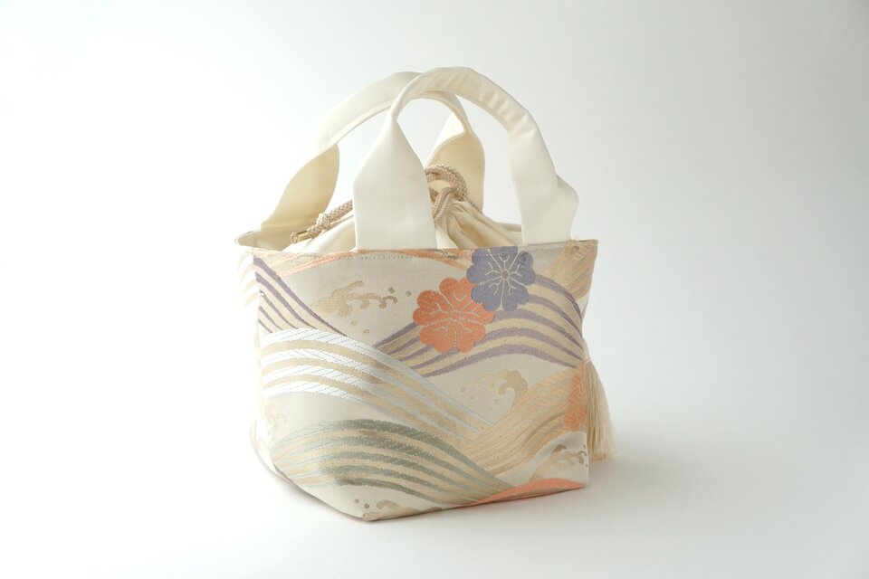 桜 荒波青海波模様 シルク帯リメイクトートバッグ&ショルダーバッグ