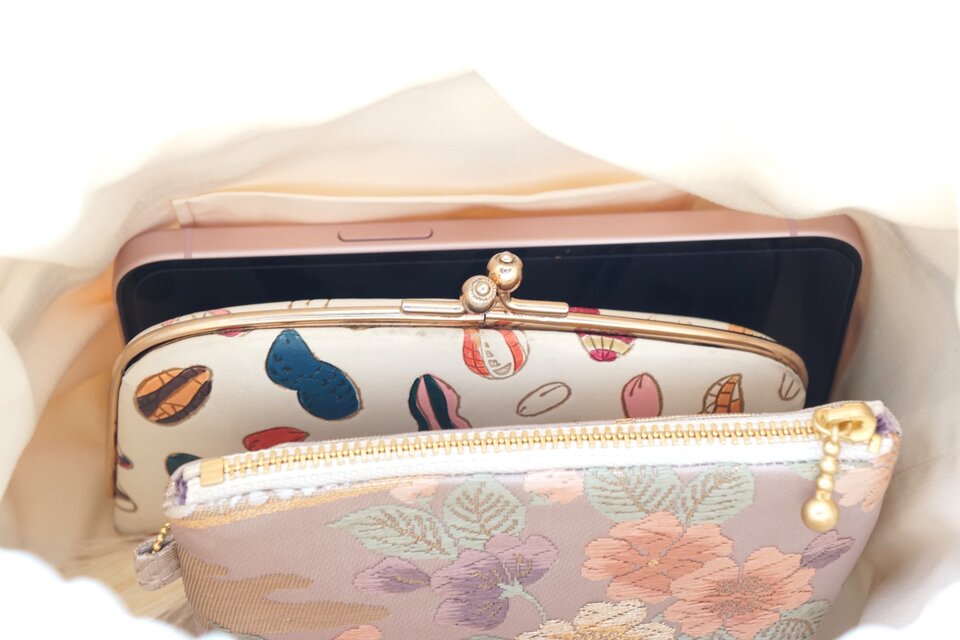 桜 荒波青海波模様 シルク帯リメイクトートバッグ&ショルダーバッグ