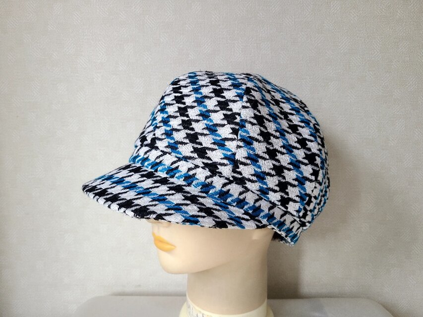 魅せる帽子☆麻混ハウンドトゥース柄のキャスケット～ブルー&モノトーン