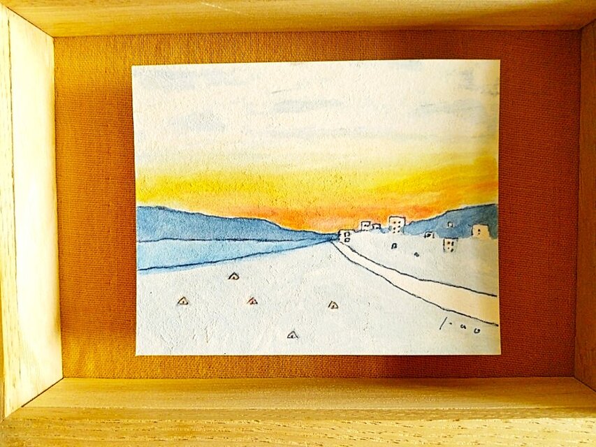 穏やかな気持ちになる青い絵画｜原画「夕焼け空」※栗材ボックス額縁