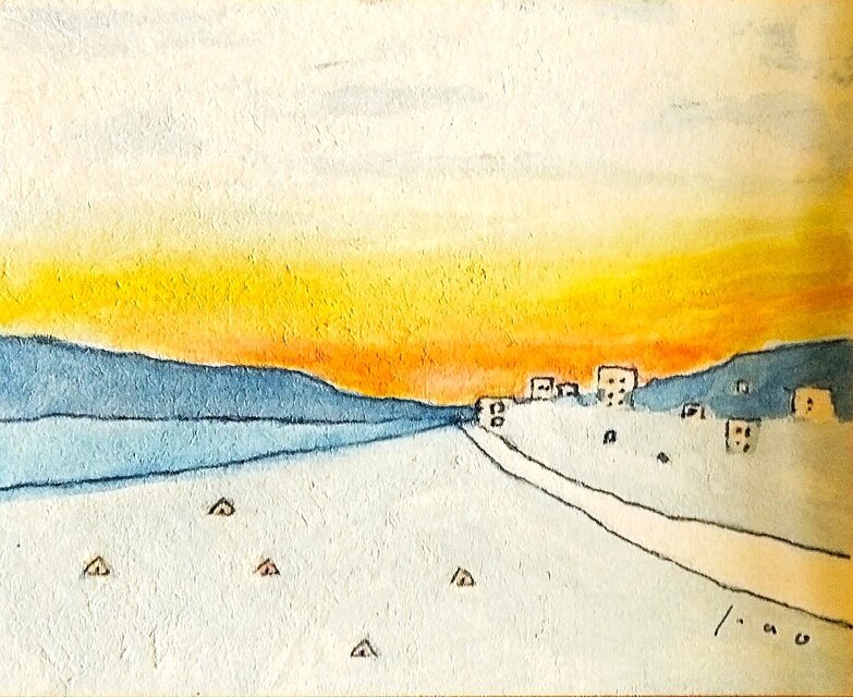 穏やかな気持ちになる青い絵画｜原画「夕焼け空」※栗材ボックス額縁