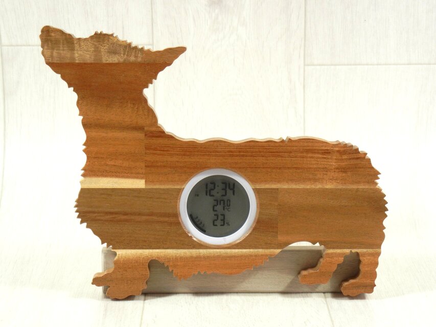 デジタル温・湿度計（時計付）ウェルシュ・コーギーＢ【木製（アカシア集成材）】（置き・掛け兼用）