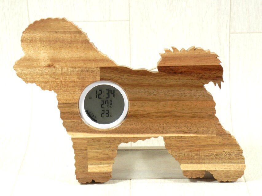 デジタル温・湿度計（時計付）ビション・フリーゼ【木製（アカシア集成材）】（置き・掛け兼用）