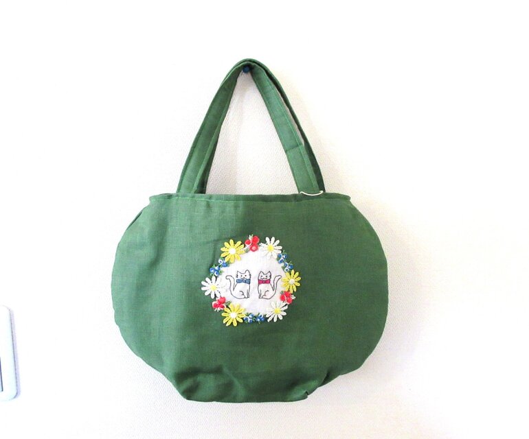 仲良し猫とお花の手提げバッグ 紀州リネン グリーンA