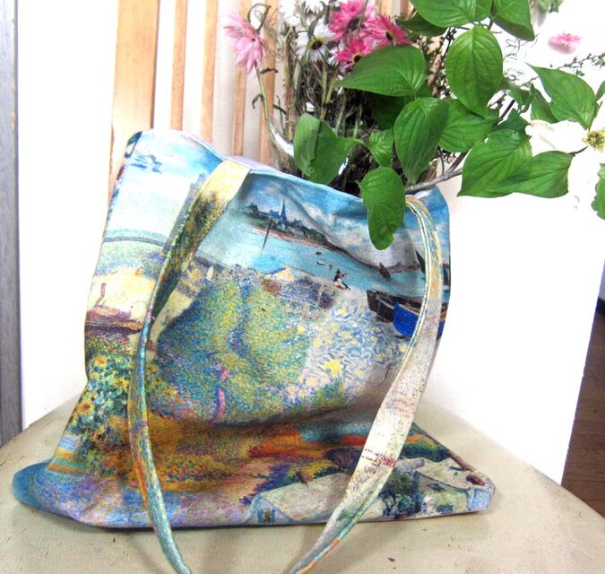 受注制作　オランダ生地　水彩画の世界トートバッグ　　海　コテージ　ヨット　花　樹　ひまわり　人