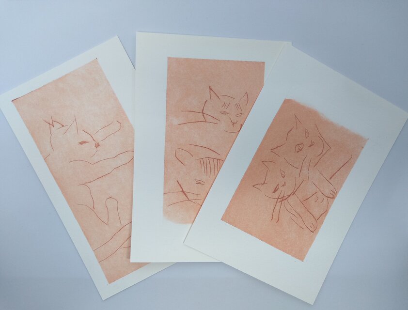 【送料無料】猫3枚ポストカード 手刷り