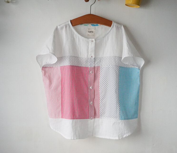 爽やかパッチワークなフレンチスリーブブラウスB(REDMix)