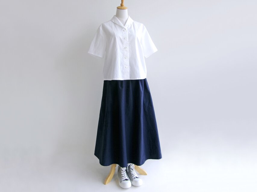 播州織コットン＊タイプライタークロスのフレアギャザースカート（ネイビー）受注製作