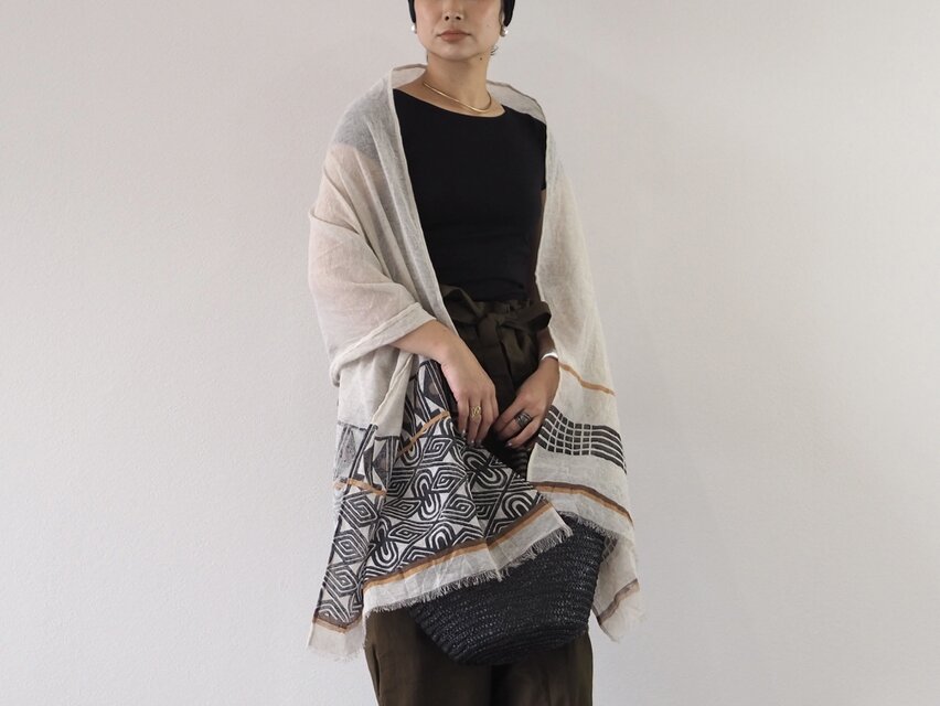 ブロックプリント／大判リネンストール