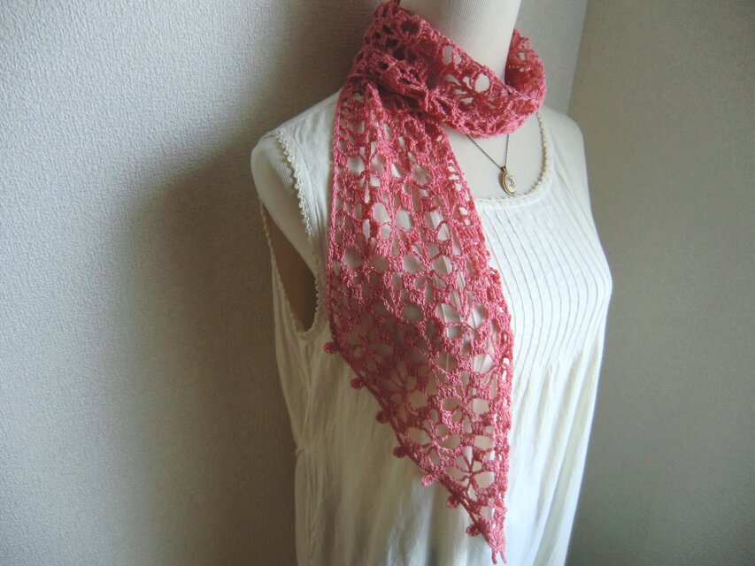 リネン　麻　花模様のストール（ローズピンク）