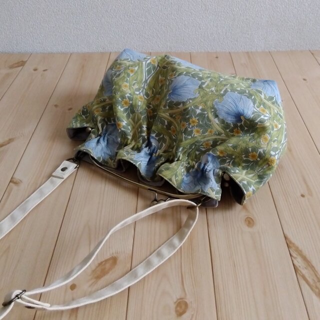 ウィリアムモリス生地使用　がま口バッグ　ハンドメイド　ピンパーネル　持ち手付き 巾着トートバッグ(ウィリアム・モリス＊ピンパーネル マスタード