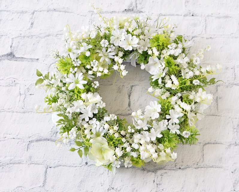 再販　ピュアホワイト　すずらんと白い花　リース：すずらん　デージー　白　グリーン