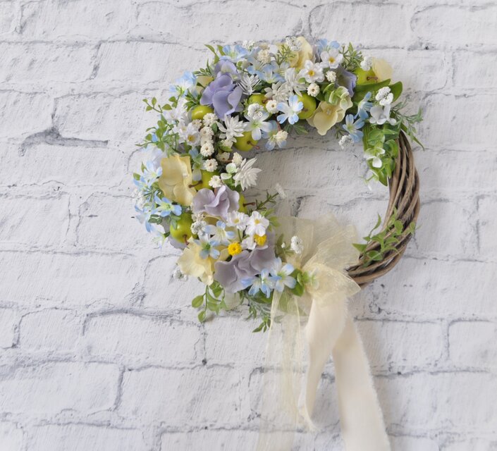 小ぶり♪春色ハーフリース⋆︎* 小さな花と青りんごのハーフリース リボンをそえて：レモンイエロー 白