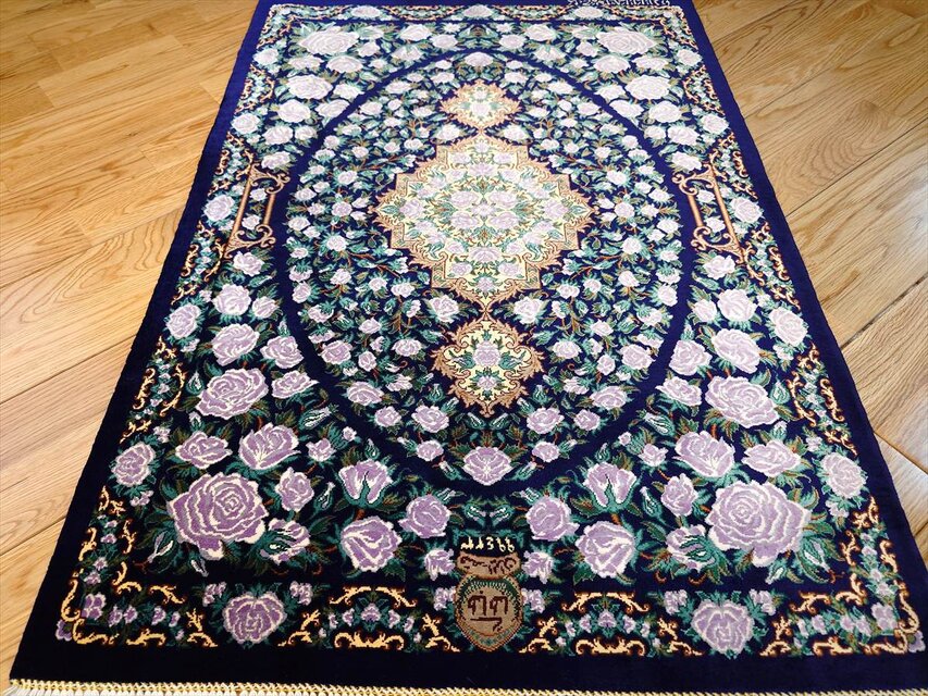 ペルシャ絨毯クム産シルク 薔薇 タバタバイ工房 玄関マット ラグ
