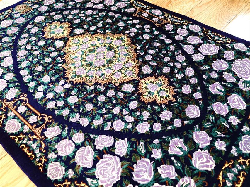 ペルシャ絨毯クム産シルク 薔薇 タバタバイ工房 玄関マット ラグ
