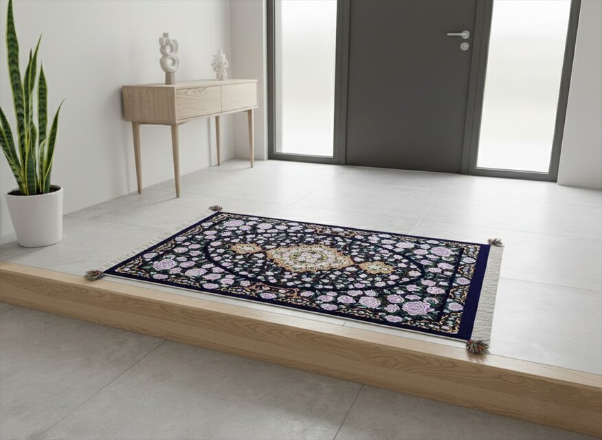 ペルシャ絨毯クム産シルク　薔薇　タバタバイ工房　玄関マット　ラグ　88x61cm ネイビー パープル　PM5451