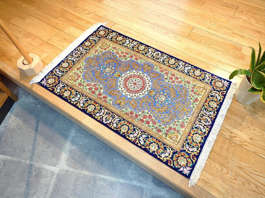 ペルシャ絨毯 クム産 ラグ フリンジ付き ペルシャ絨毯クム産シルク サラヤン工房 玄関マット 92x60