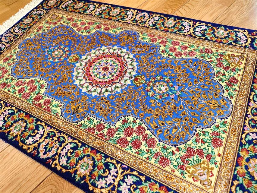 ペルシャ絨毯クム産シルク サラヤン工房 玄関マット 92x60㎝ ブルー