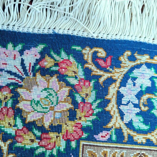 ペルシャ絨毯クム産シルク サラヤン工房 玄関マット 92x60㎝ ブルー