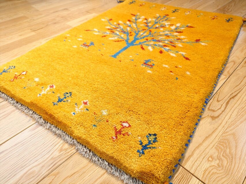 ペルシャ ギャッベ 玄関マット ラグ 88X60㎝ 生命の木 黄金色 ペルシャ ギャッベ 玄関マット ラグ 88X60㎝ 生命の木 黄金色