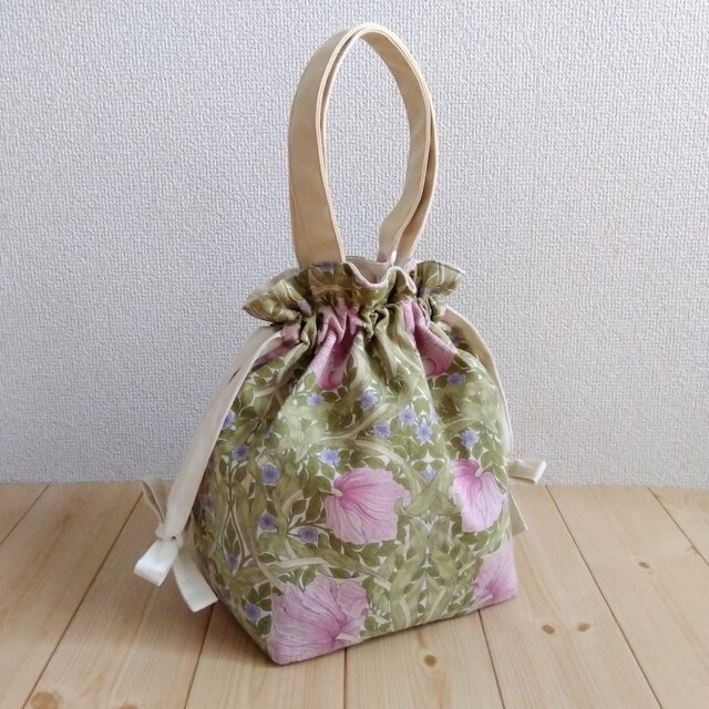 ウィリアムモリス　リボン巾着トートバッグ　母の日　ピンパネル　ピンク　　217