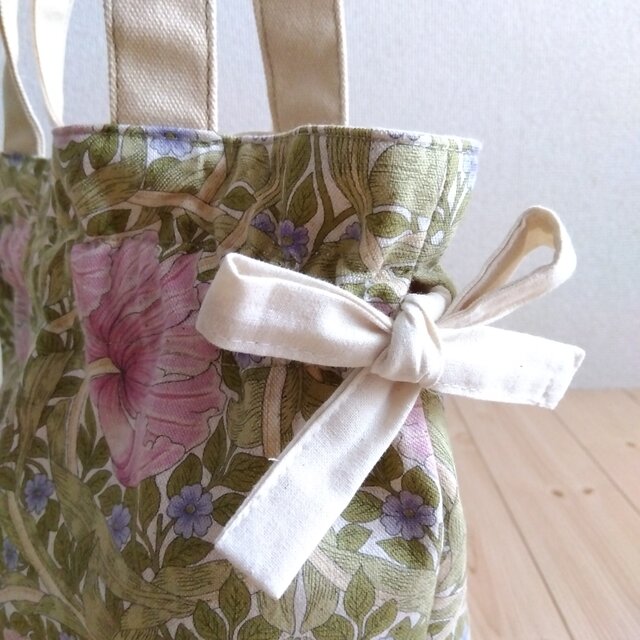 ウィリアムモリス リボン巾着トートバッグ 母の日 ピンパネル ピンク