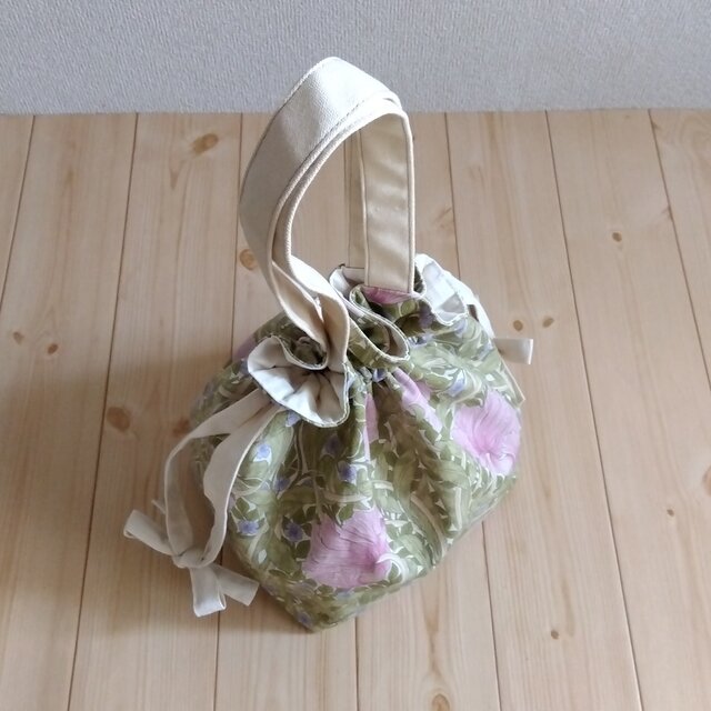 ウィリアムモリス リボン巾着トートバッグ 母の日 ピンパネル ピンク