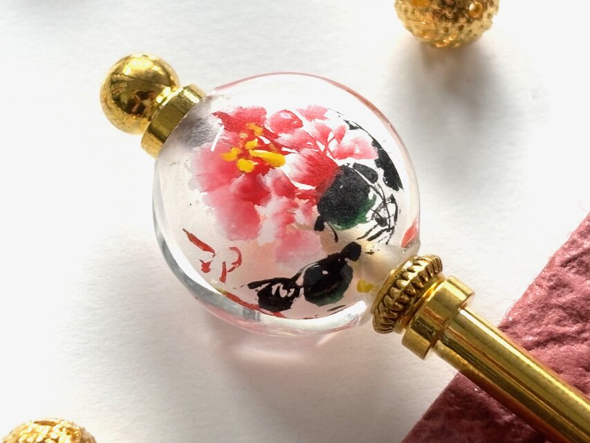 かんざし　牡丹の花の吹きガラスビーズ　冬春　一本簪　一本挿し　涼しげ　ピンク　赤　レッド
