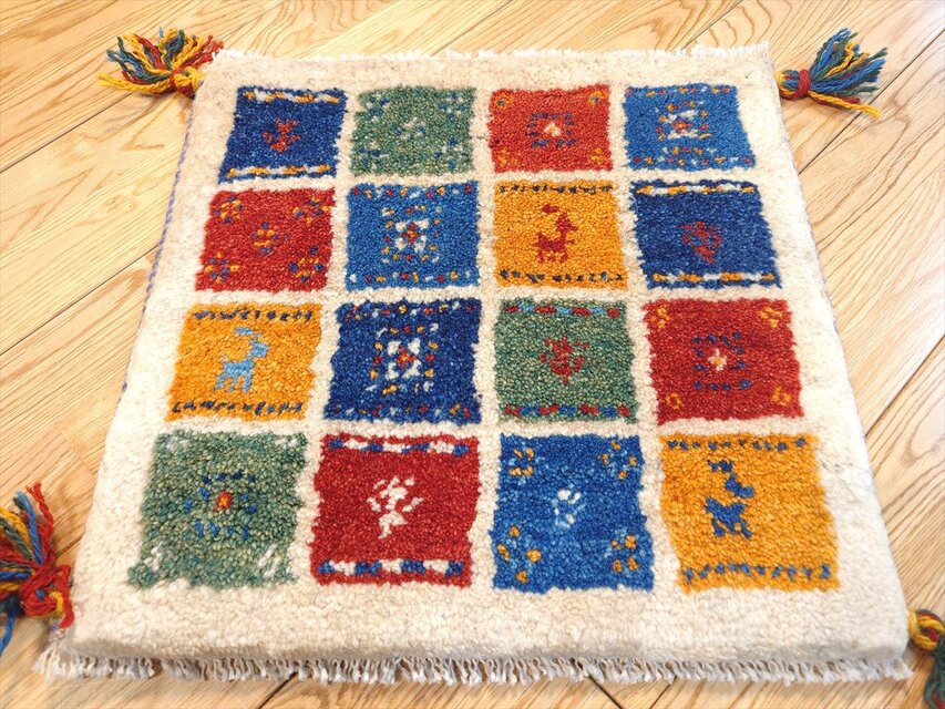 ペルシャ ギャッベ ミニマット ラグ 横40x40㎝ パネル柄 青 垢 黄 緑