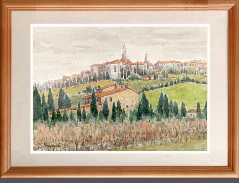 水彩画原画　ピエンツァ遠望・イタリア　＃662